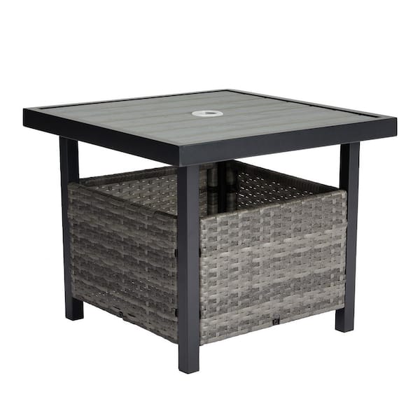 Karl home Gray Wicker Imitation Wood Outdoor Side Table with Umbrella Hole