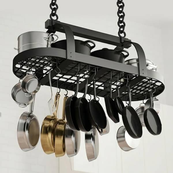 48 in. Matte Black Ceiling Oval Large Pot Rack for Kitchen with 20 S Hooks