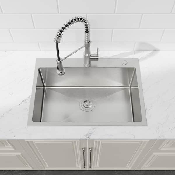 TMS 27 in. L x 19 in. W Brushed Nickel Drop-in/Undermount Single Bowl Steel Kitchen Sink with Strainers