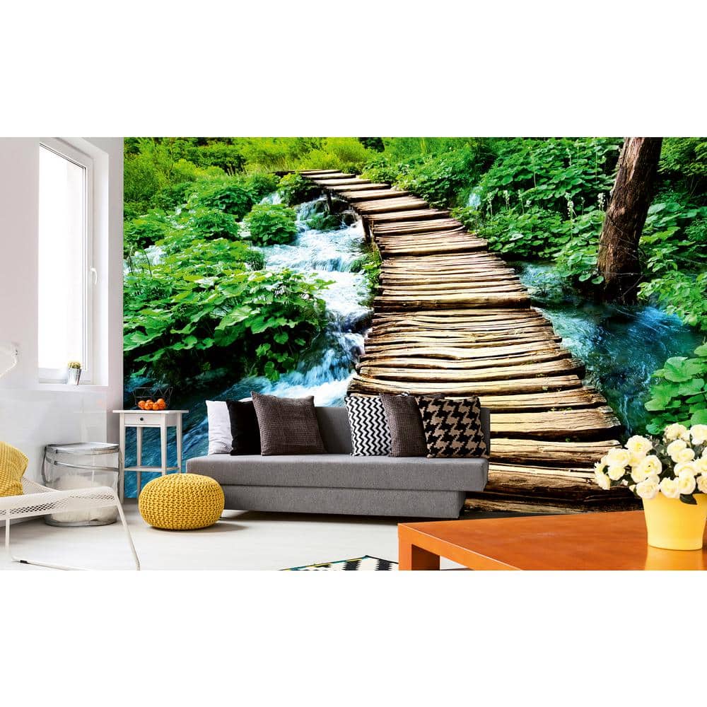 Tranquil Green and Brown Boardwalk Landscape Wall Mural