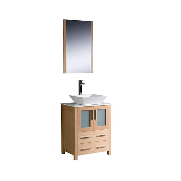 Fresca Torino 24 in. Vanity in Light Oak with Glass Stone Vanity Top in White with White Basin and Mirror