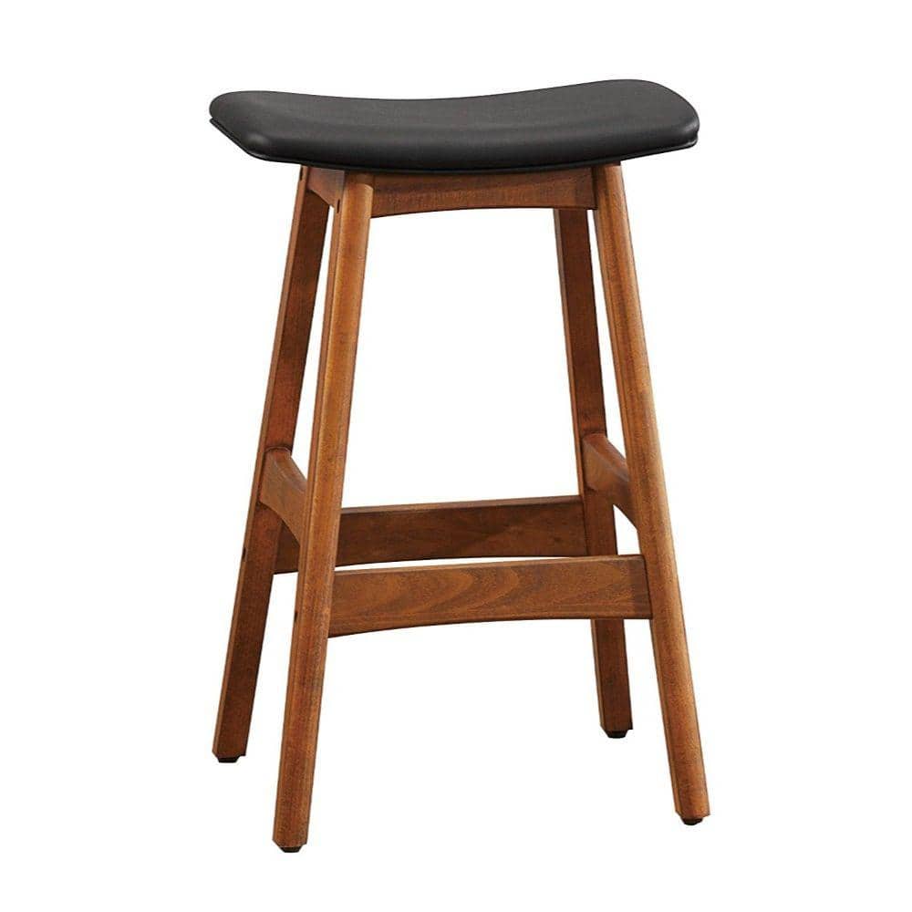 Black Leather Saddle-Style Wood Counter Stool, Set of 2