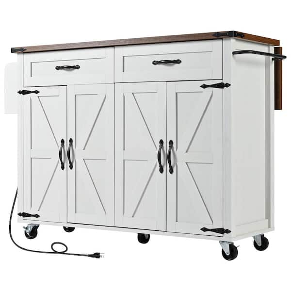 Unbranded White Wood Countertop 53.5 in. Kitchen Island on 5 Wheels with Drop Leaf, Power Outlet and Spice Rack