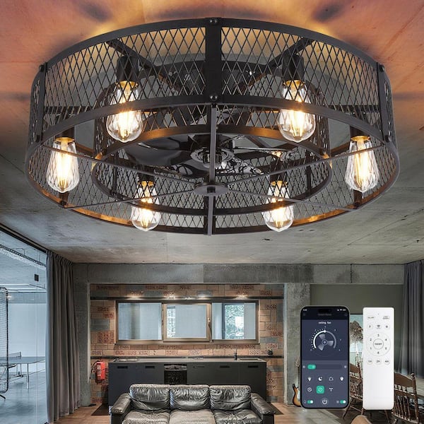 26 in. Black Flush Mount Caged Farmhouse Ceiling Fan with Light for Kitchen Bedroom Industrial Included APP Remote