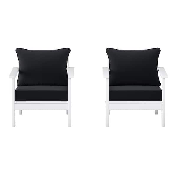 Birchwood White Outdoor Patio (Set of 2) Deep Seating HDPE Lounge Chairs w/ Black Cushions