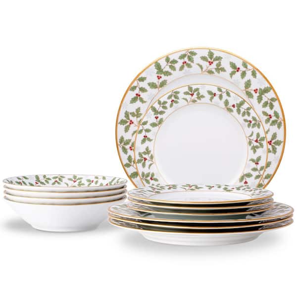 Holly and Berry Gold 12-Piece (White) Porcelain Dinnerware Set, Service for 4