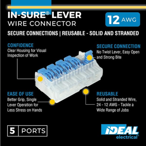 In-Sure Lever Wire Connector, 12 AWG, 5-Port Jar of 200