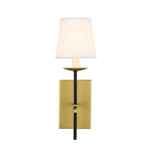 Timeless Home Ellie 4.5 in. W x 14 in. H 1-Light Brass and Black and White Shade Wall Sconce