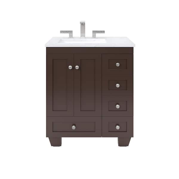 Acclaim 28 in. Single Sink Teak Bath Vanity with White Carrara Quartz Top (Assembled)