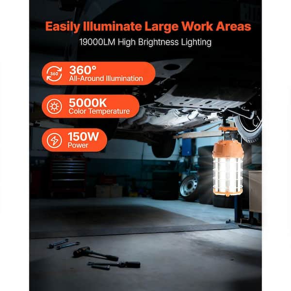 LED Temporary Work Light, 19000 lm, 5000K Durable and Water-Resistant, 150W, Ceiling or Stand Job Site Illumination