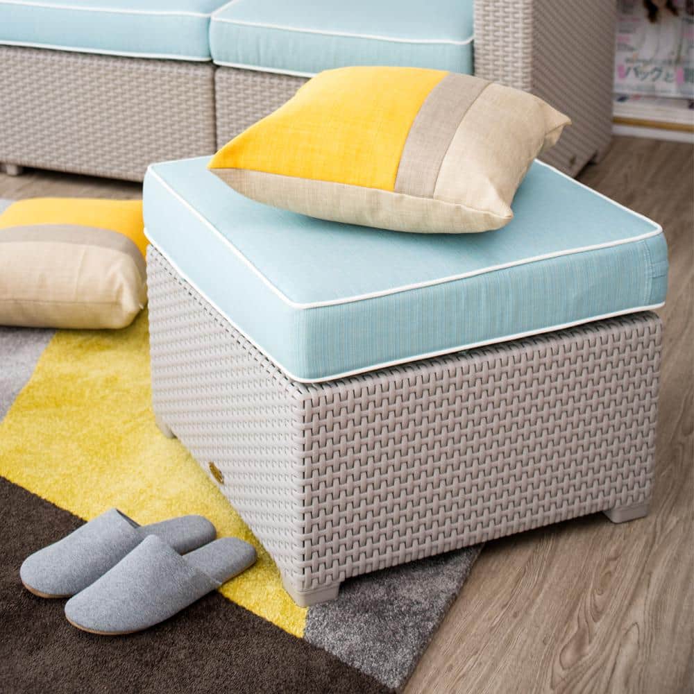 Magnolia White Rattan Ottoman with Blue Cushion