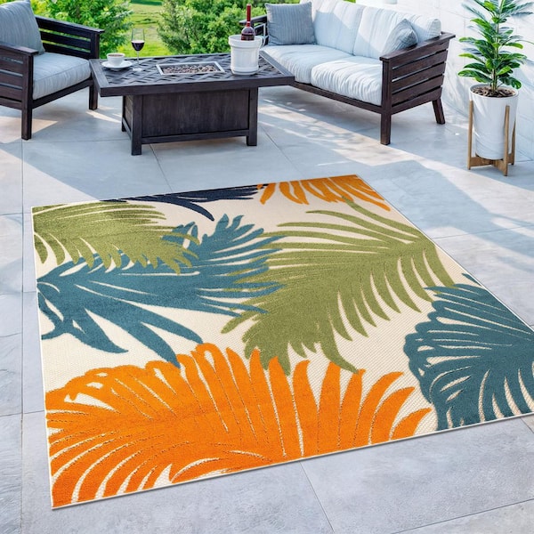 Contemporary Tropical Large Floral Multi 6 ft. 6 in. x in. 6 ft. 6 in. Square Indoor/Outdoor Area Rug