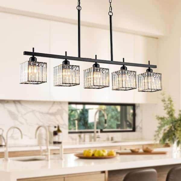 5-Light Black Modern Glam Linear Pendant Lighting with Clear Glass Shades