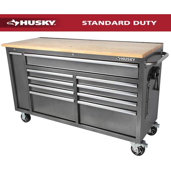 61 in. W x 24 in. D Standard Duty 10-Drawer Mobile Workbench Tool Chest with Sliding Bin Storage Drawer in Silver