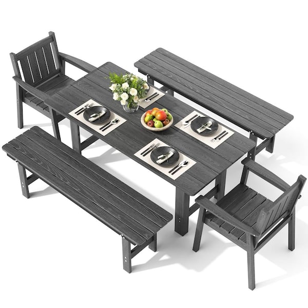 5-Piece HDPE Outdoor Dining Set with Rectangular Table and Bench