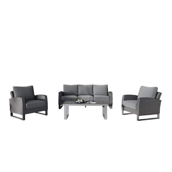 4-Piece Metal Patio Conversation Set with Gray Cushions, 2-Armchairs, Sofa, and Center Coffee Table