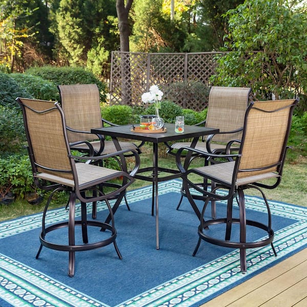Black 5-Piece Metal Square Outdoor Bistro Patio Bar Set with Slat Bar Table and Swivel Bistro Chairs
