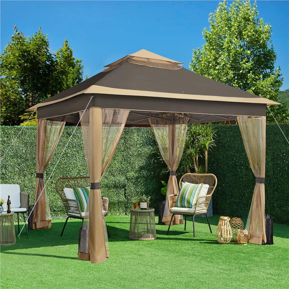 Brown 10x10 Steel Pop-Up Gazebo with Mesh Netting