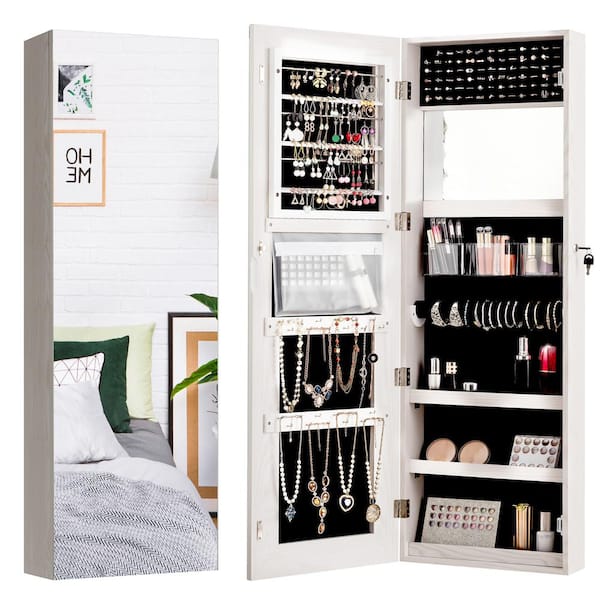 Costway Wall and Door Mounted Jewelry Box Cabinet Lockable Storage Organizer with Frameless Mirror