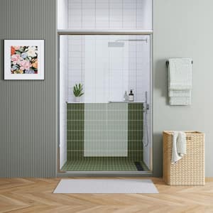 55 in. - 59 in. W x 70 in. H Double Sliding Semi-Frameless Shower Door in Brushed Nickel with Clear Glass