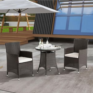 3-Piece Wicker Outdoor Dining Set with White Cushions