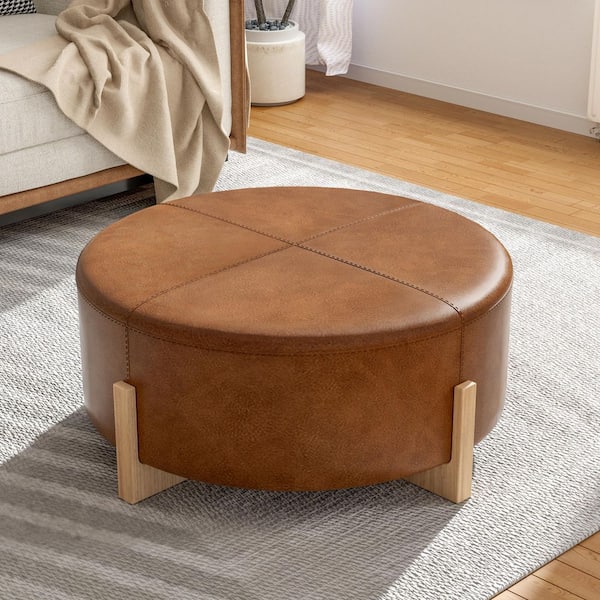Davenport Upholstered PU Leather Round Ottoman, Rubberwood Base, Brown