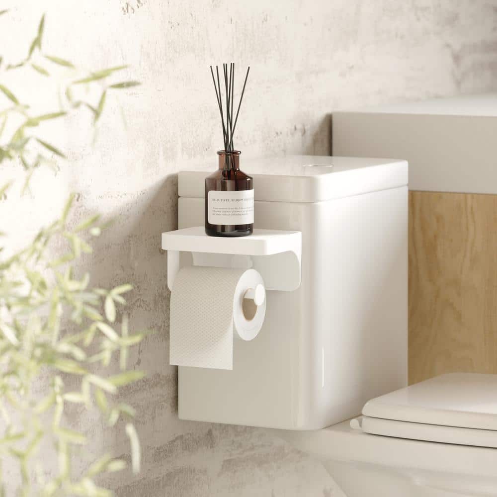 White Adhesive Toilet Paper Holder with Shelf