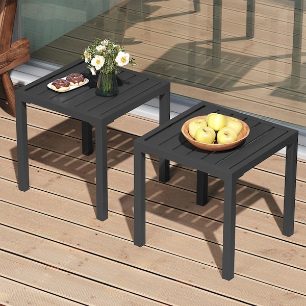 2-Piece 15.7 in. Square Metal Outdoor Side Patio Table in Black Suitable for Chaise Lounge Chairs﻿