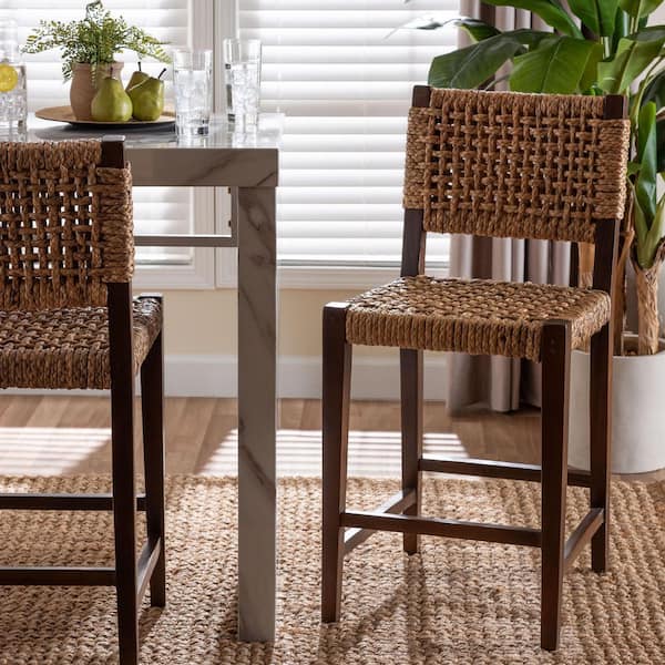 Alise Seagrass and Earthy Brown Mahogany Wood Counter Stool