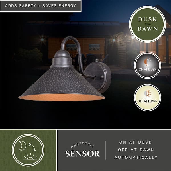 Outland 1-Light Dusk to Dawn Black Gold Farmhouse Barn Dome Outdoor Wall Lantern Sconce