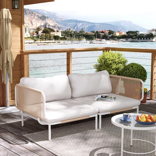 Pellebant 2-Piece Metal Outdoor Sectional Sofa with Beige Cushions 4-Armrest