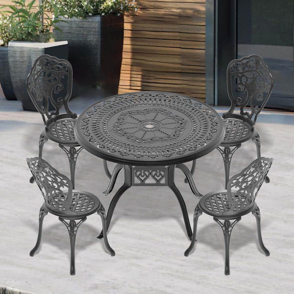 5-Piece Black Outdoor Patio Dining Set, All-Weather Cast Aluminum Patio Din