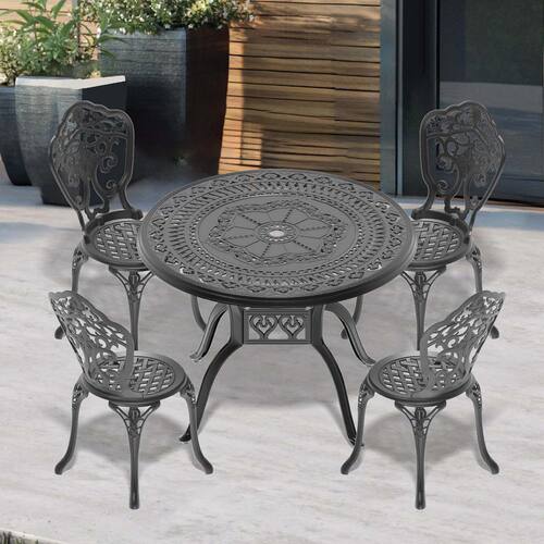 5-Piece Black Outdoor Patio Dining Set, All-Weather Cast Aluminum