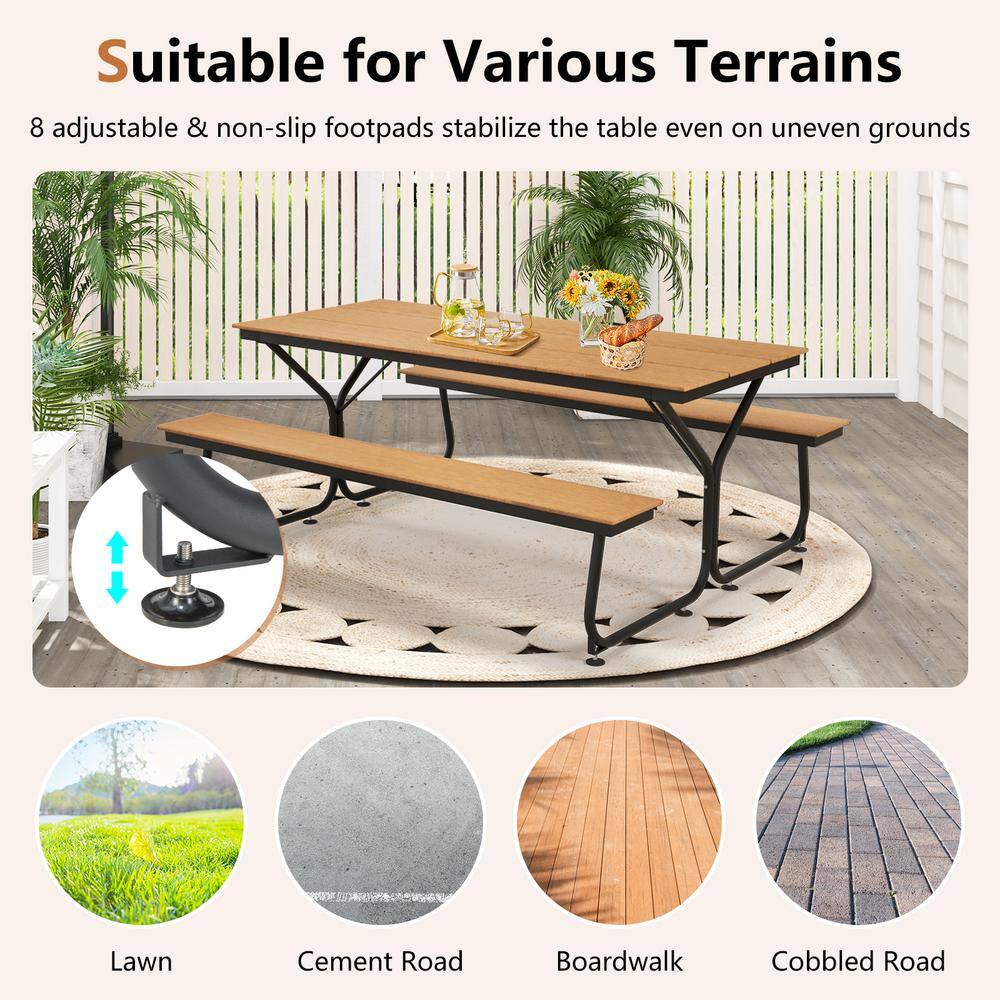 6FT Brown HDPE and Metal Outdoor Picnic Table Bench Set