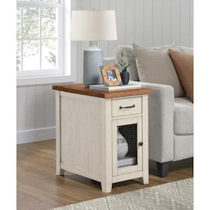 Rustic 16 in. White and Honey Solid Wood Rectangle Chairside End Table with Power