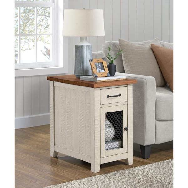 Martin Svensson Home Rustic 16 in. White and Honey Solid Wood Rectangle Chairside End Table with Power