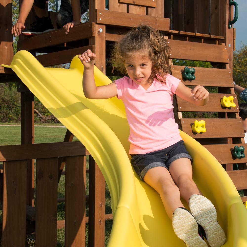 Castlebrook Wooden Swing Set with Yellow Slides and Climbing Wall