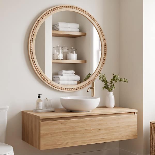 30 in. W x 30 in. H Round Framed Wall Bathroom Vanity Mirror with Beaded Solid Wood Frame in Natural