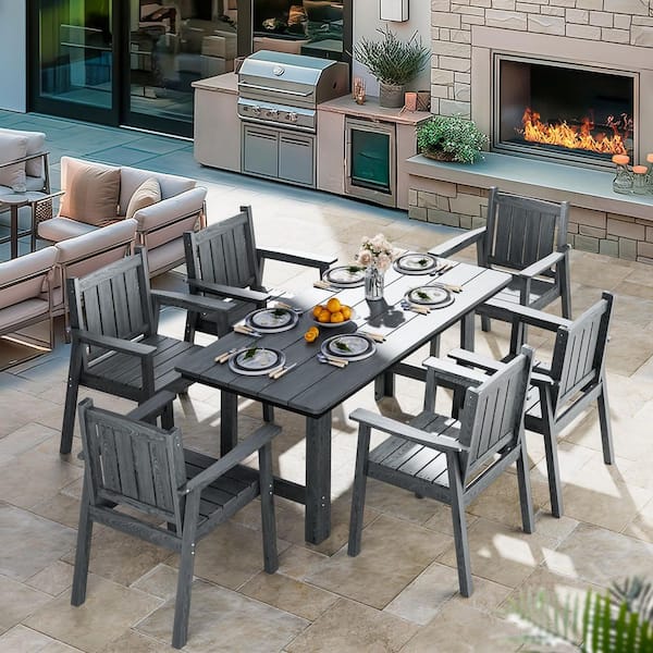 Gray 7-Piece HDPE Plastic Patio Outdoor Dining Set with Arm Chairs