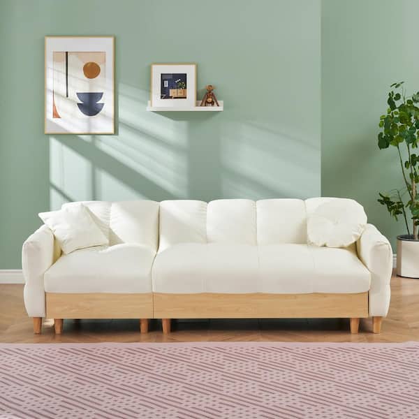 87 in.Beige Faux Leather Full Size Sofa Bed with (2-Pillows)