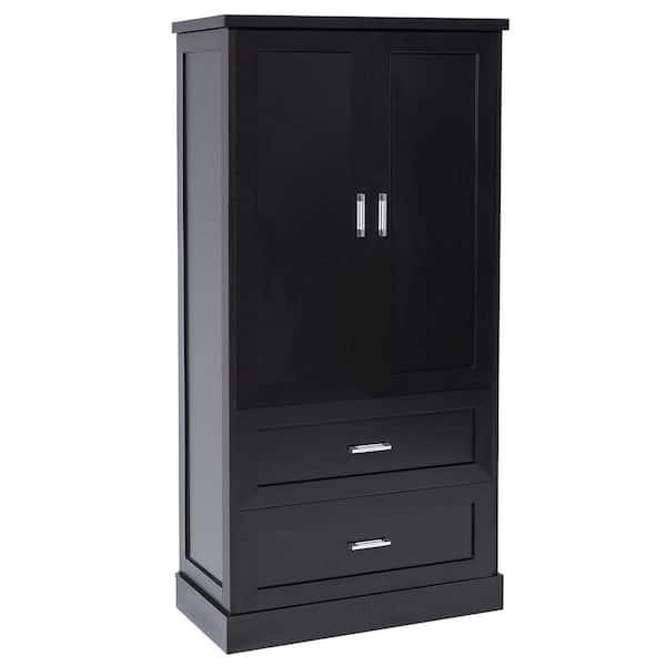 Unbranded 31.3 in. W x 16 in. D x 64 in. H Black MDF Board Linen Cabinet with Two Doors and Drawers, Adjustable Shelf
