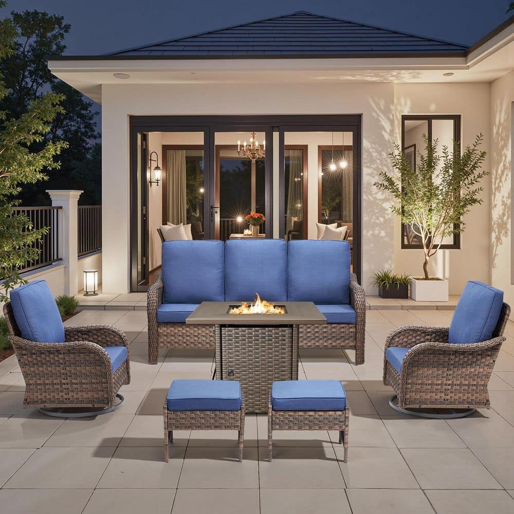 Rainf 6-Piece Patio Conversation Furniture Set with Fire Pit, Wicker Outdoor Swivel Chairs Patio Sofa with Blue Cushion price history on PriceWatchPro
