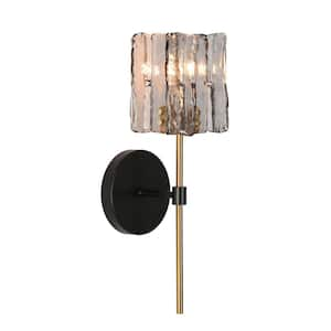 Echonalyri Modern Matte Black Glam Square 1-Light Wall Sconce Brass Accent Wall Light with Gray Textured Glass Shade