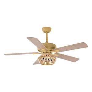 52 in. Indoor Weathered Gold Reversible Blade Ceiling Fan with Wood Bead Light Kit and Remote Control Included
