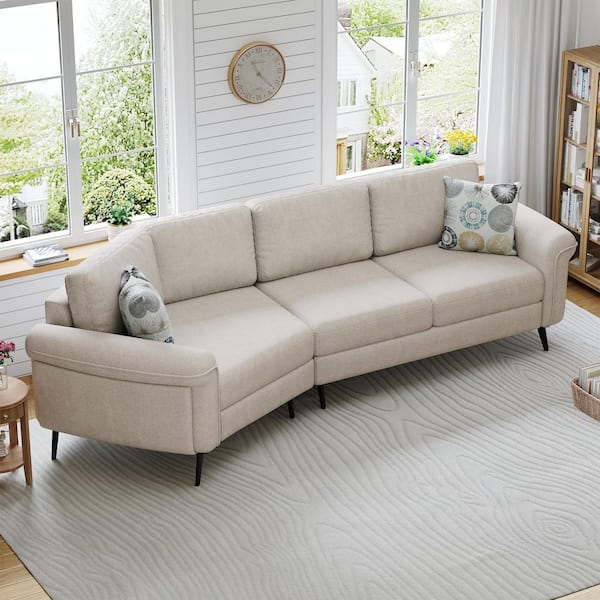 Harper & Bright Designs 111 in Wide Rolled Arm Chenille Fabric Curved Shape Sofa in. Beige with 2-Printed Pillows