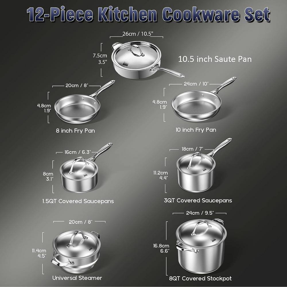 12-Piece Stainless Steel Tri-Ply Cookware Set with Glass Lids