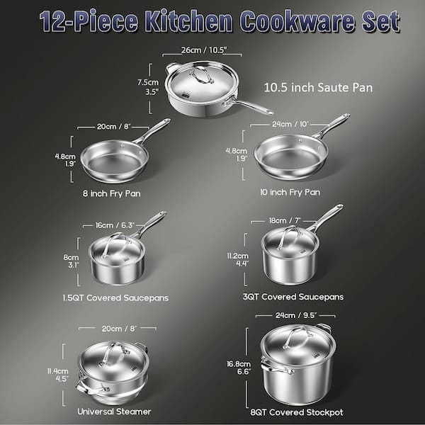 Bergner - Tri-Ply Stainless Steel Cookware Set - Induction Cookware - 11  Piece Pots and Pans Set - 1.5 qt Saucepan, 2 qt Saucepan, 3 qt Saucepan,  3.5