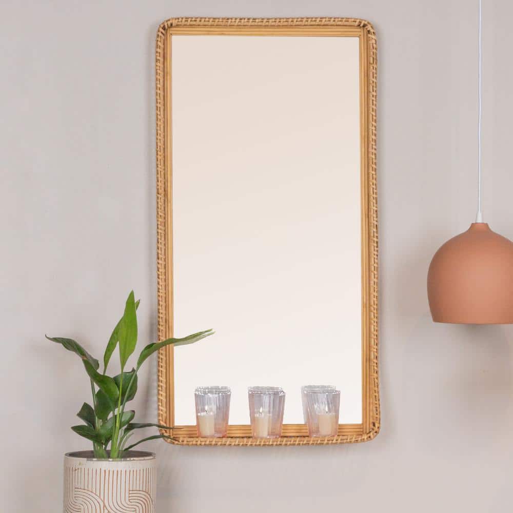 Natural Handwoven Bamboo and Rattan Rectangular Vanity Mirror with Shelf