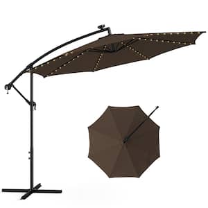 10 ft. Solar Tilted Cantilever Hanging Patio Umbrella with LED Lights Sun Shade Offset Umbrella in Coffee