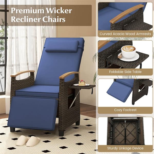 Costway Mix Brown Plastic Outdoor Lounge Chair with Navy Cushions